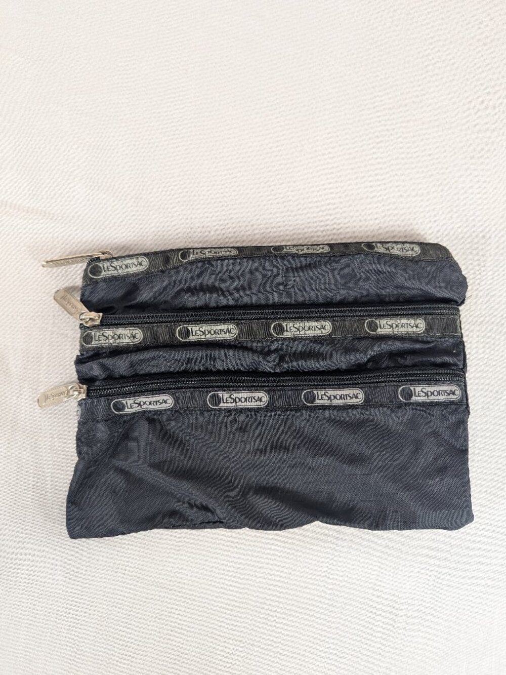 LeSportsac 3 Zipper Pouch Travel Cosmetic Bag Black Nylon Made in USA Vtg Retro